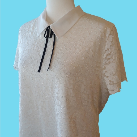 Karl Lagerfeld White Lace Women's Top with Fold Collar and Bow Size Large - Picture 7 of 16